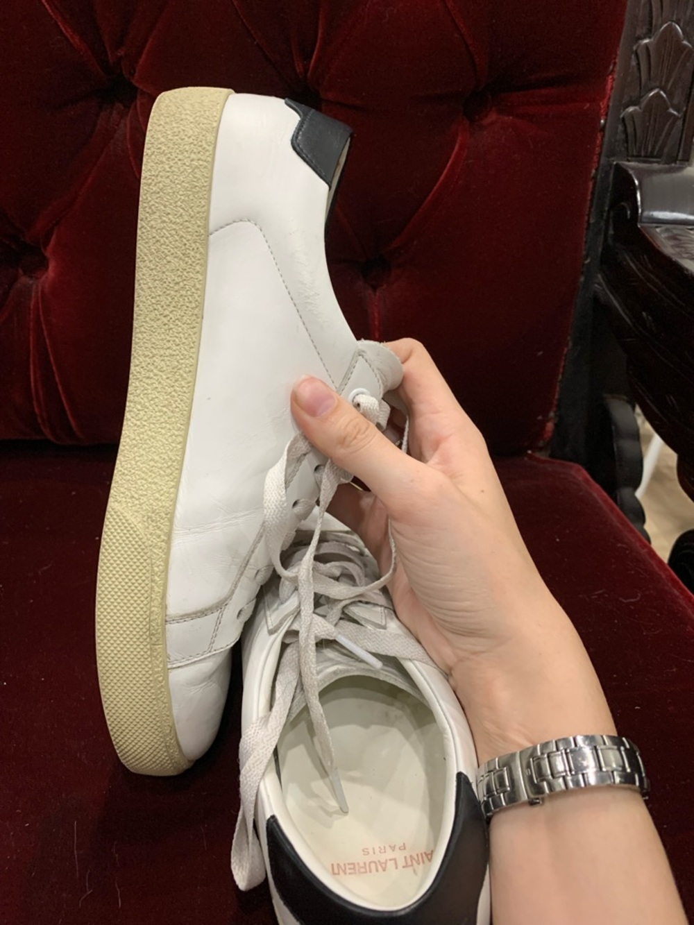 Saint Laurent White Leather Low-Top Sneakers with Black Heel - Picture 7 of 8